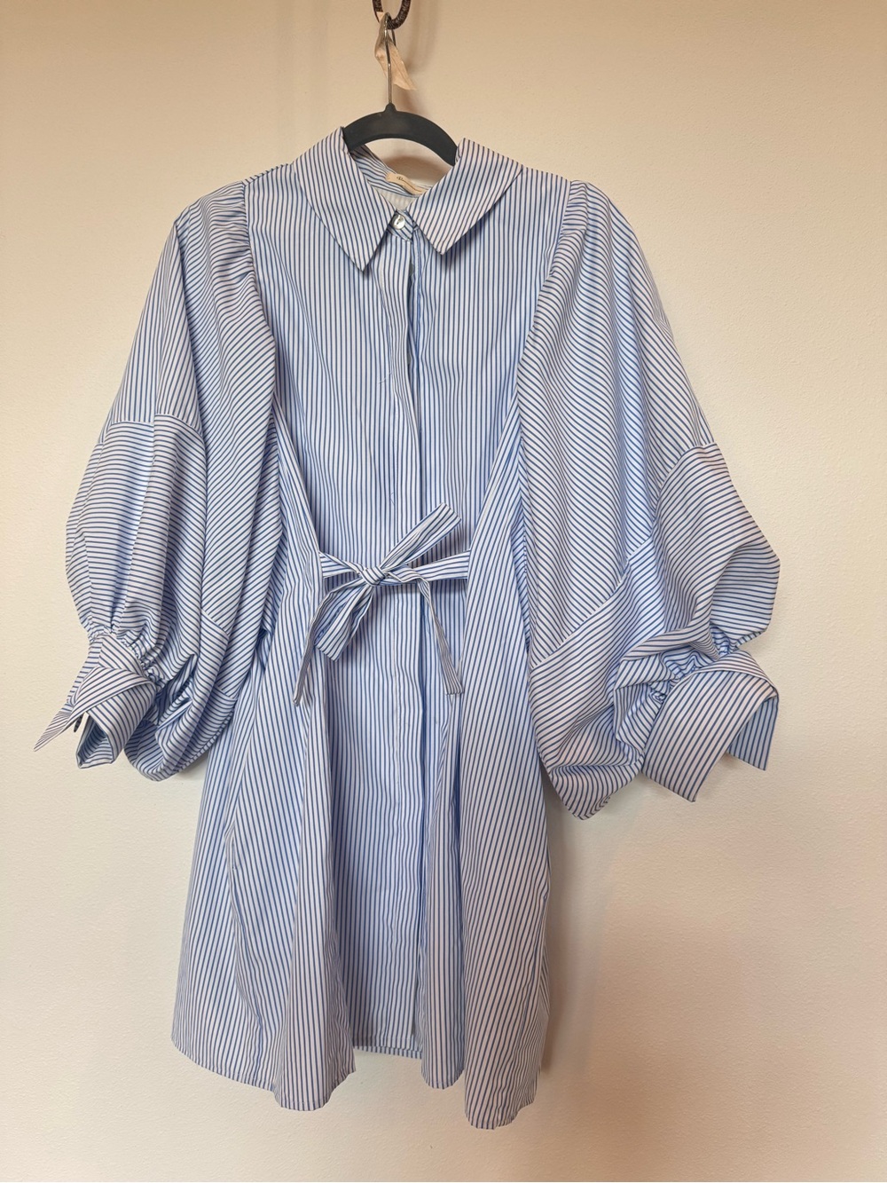 Blue and White Striped Mini Shirt Dress with Puff Sleeves and Tie Waist